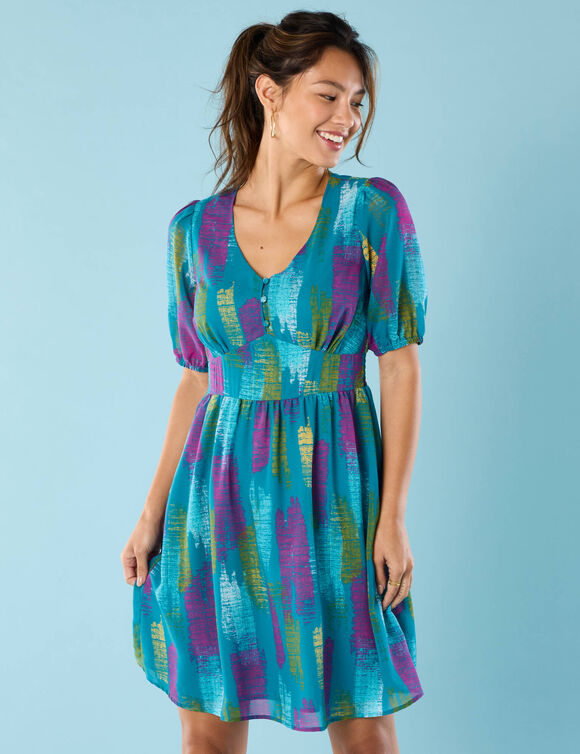 Robe courte Spécial Petites, voile imprimé (vert canard / miel)