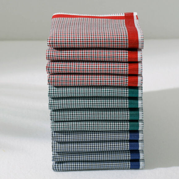 Mouchoirs à carreaux lot de 6 ou lot de 12 (bleu + rouge + vert)