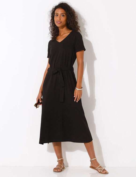 Robe mi-longue ceinturée col V, maille unie (noir)