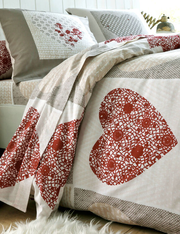 Lovely-beddengoed van flanel bedrukt met harten (taupe / rood)