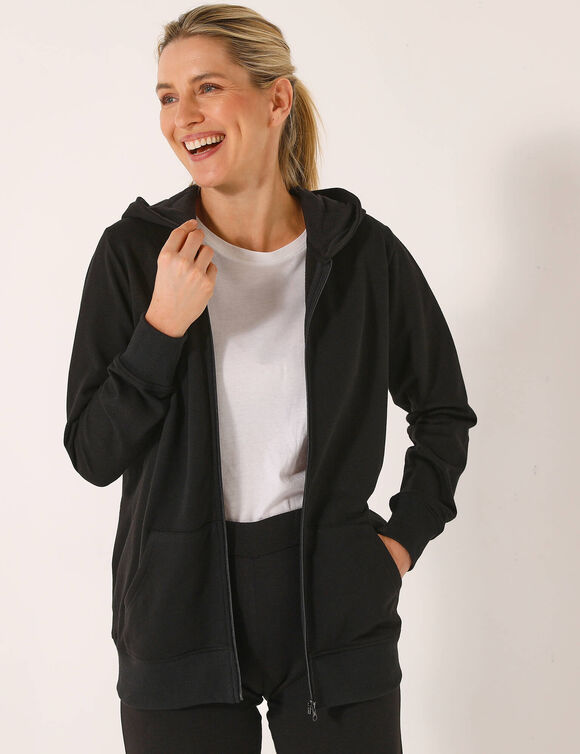 Veste zippée à capuche, molleton gratté (noir)