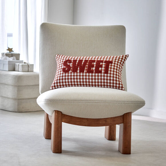 Coussin en coton, message SWEET et carreaux tiss&eacute;-teint  (caramel)