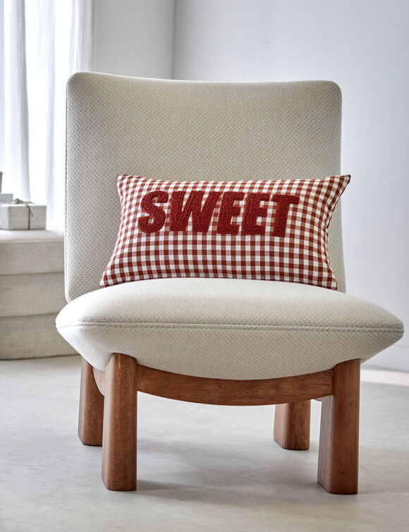 Coussin en coton, message SWEET et carreaux tiss&eacute;-teint  (caramel)