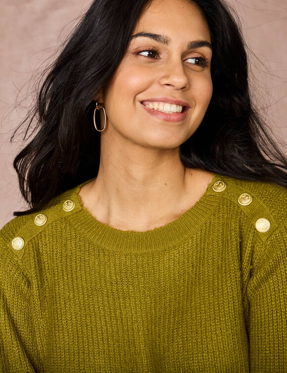 Pull à boutons dorés, maille anglaise (vert mousse)