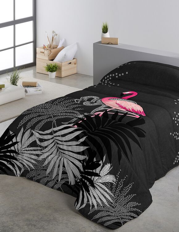 Dekbed in polyester met roze flamingo print, 200g/m2 (zwart / roze)