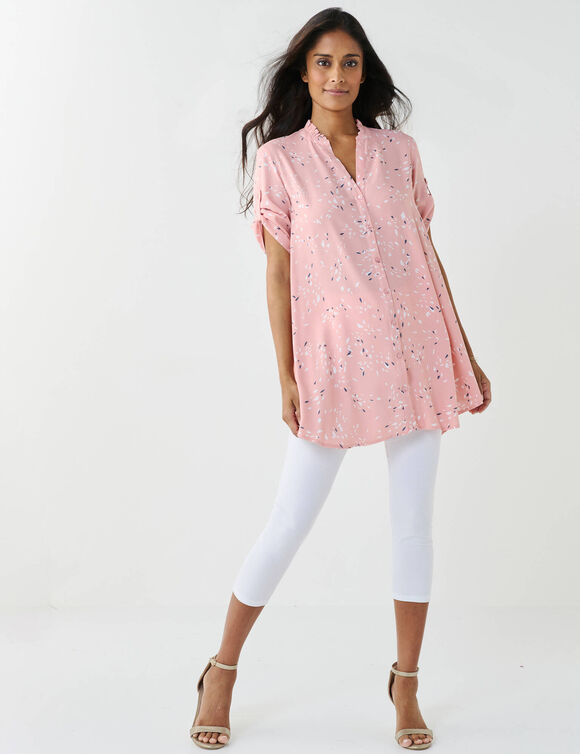 Tunique col tunisien boutonn&eacute;e imprim&eacute;e (rose poudr&eacute;)