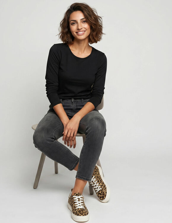 Effen T-shirt met ronde hals en stretch (zwart)