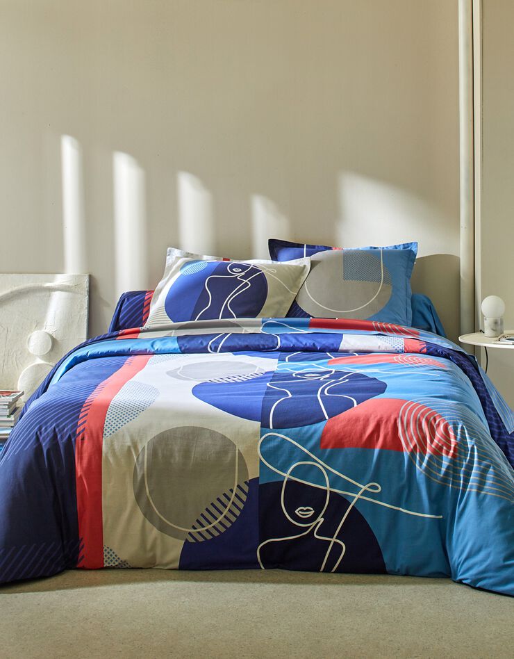 Linge de lit Arty coton à motifs visages (bleu)