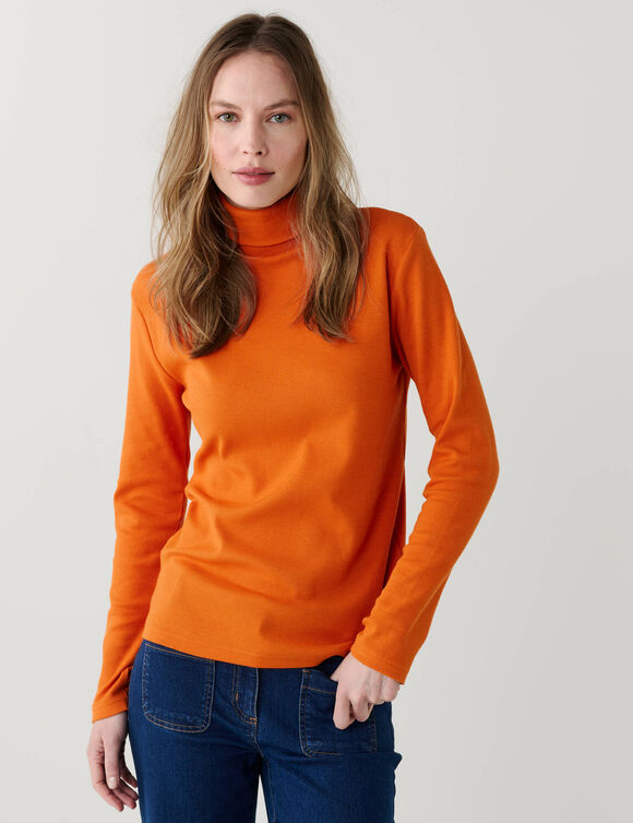 Sous-pull col roul&eacute; en maille c&ocirc;tel&eacute;e, uni (orange)