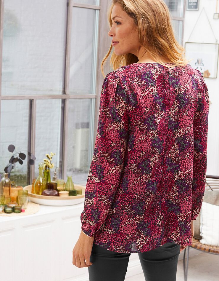 Blouse femme évasée détails dorés imprimé fleurs, cerise / rose Blouse femme évasée détails dorés imprimé fleurs, cerise / rose, hi-res image number 2