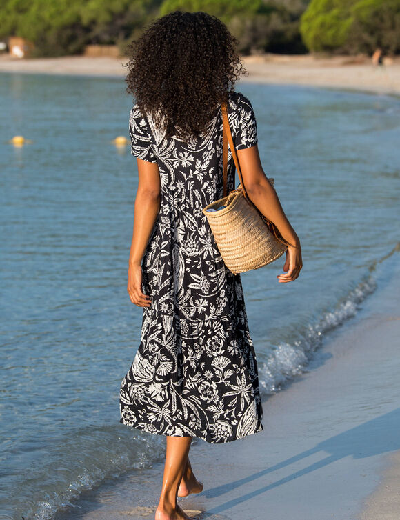 Robe longue imprimée col V, crépon (noir / blanc)