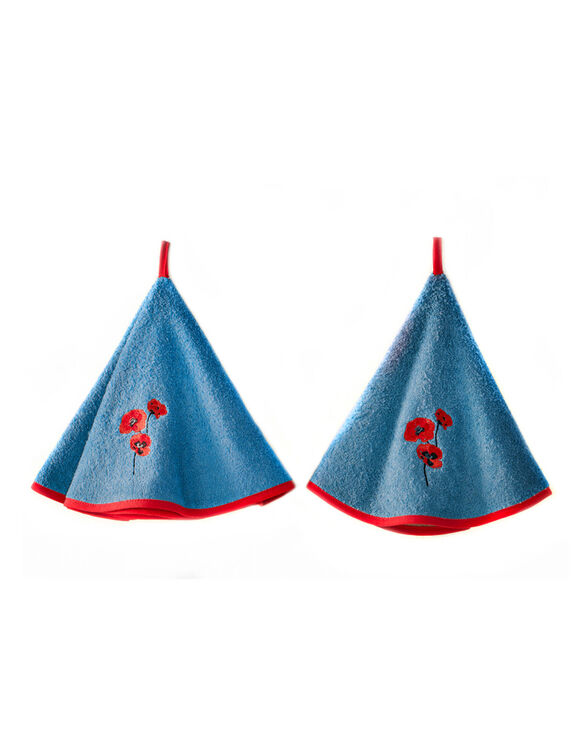 Ronde droogdoeken in badstof met klaprozenborduursel - set van 2 (blauw)