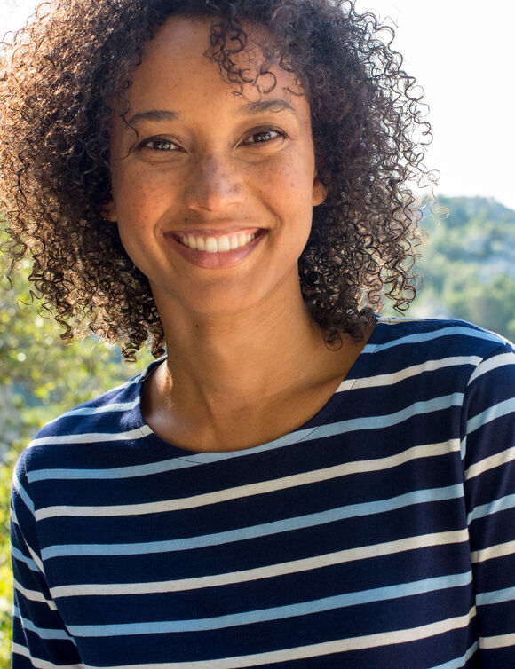 T-shirt ray&eacute; manches 3/4, maille jersey (marine / &eacute;cru)