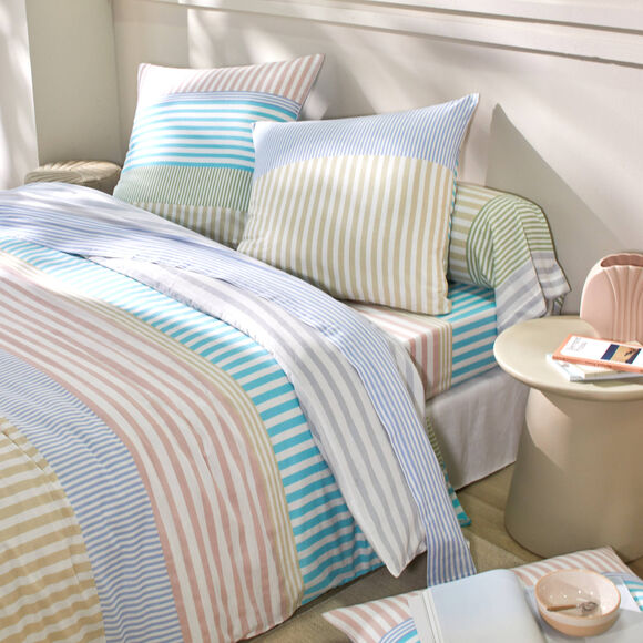 Bedlinnen Ada in katoen met strepenprint (amandel groen / wit)