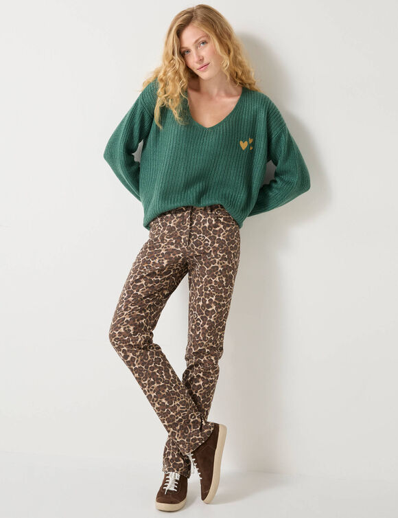 Loose trui met V-hals en geborduurde hartjes, patenttricot (groen)