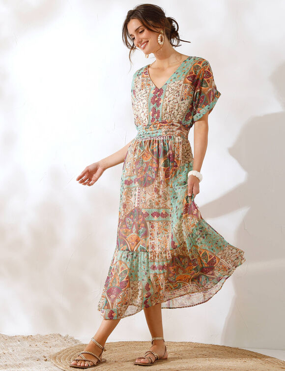 Robe longue imprimée, voile (écru / menthe)