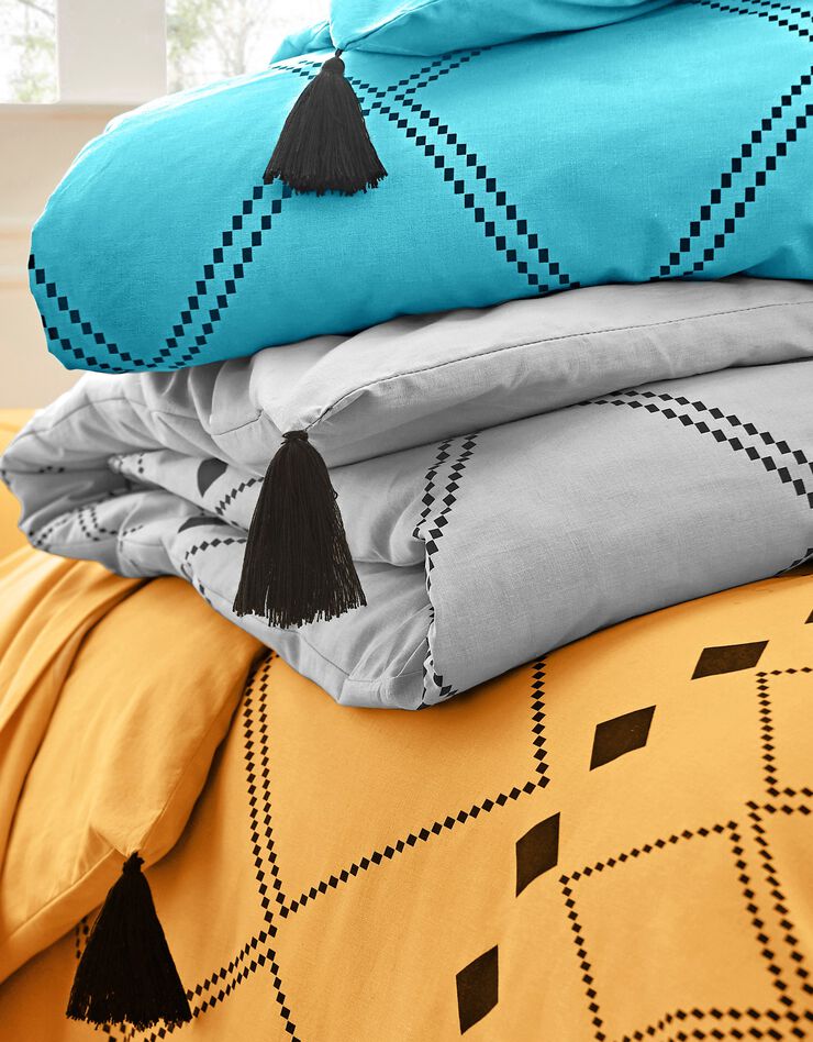 Linge de lit Massai coton à motifs graphiques et finitions pompons (curry)