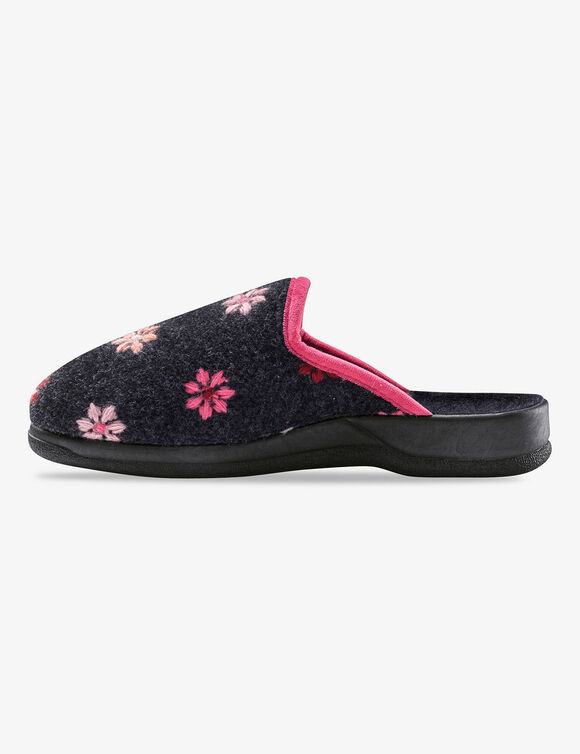 Chaussons mules - brodés fleurs (anthracite)