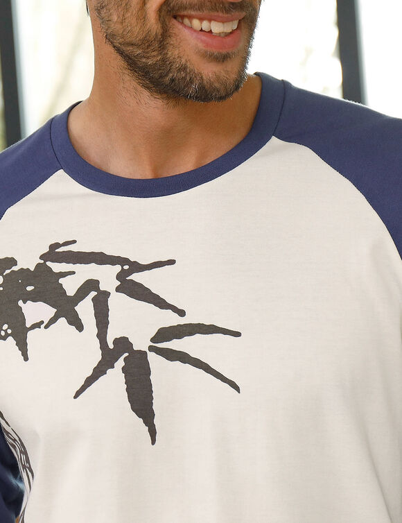 Pyjama pantalon motif bambou manches longues (écru / indigo)