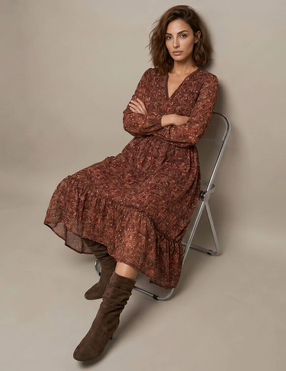 Robe longue volant&eacute;e, voile imprim&eacute; fleuri (bordeaux)