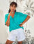 T-shirt met V-hals in macramé en linnenaspect (turkoois)