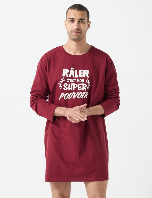 Maxi T-shirt pyjama imprimé "Râler c'est mon super pouvoir" (bordeaux)