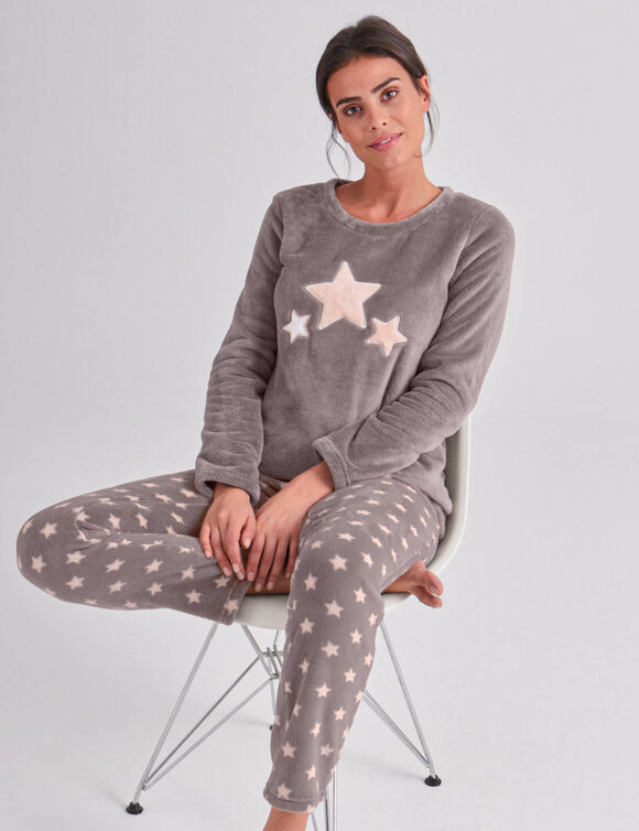 Pyjama pantalon polaire "étoiles", toucher peluche (taupe / rose)