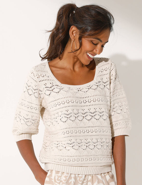 Pull col carr&eacute; uni, maille ajour&eacute;e (&eacute;cru)