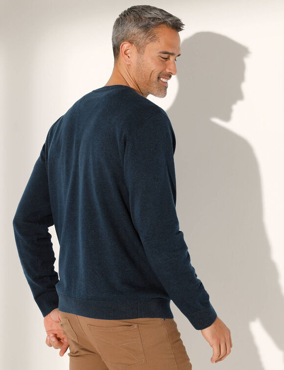 Trui in zuiver katoen, ronde hals en lange mouwen (chiné marine)