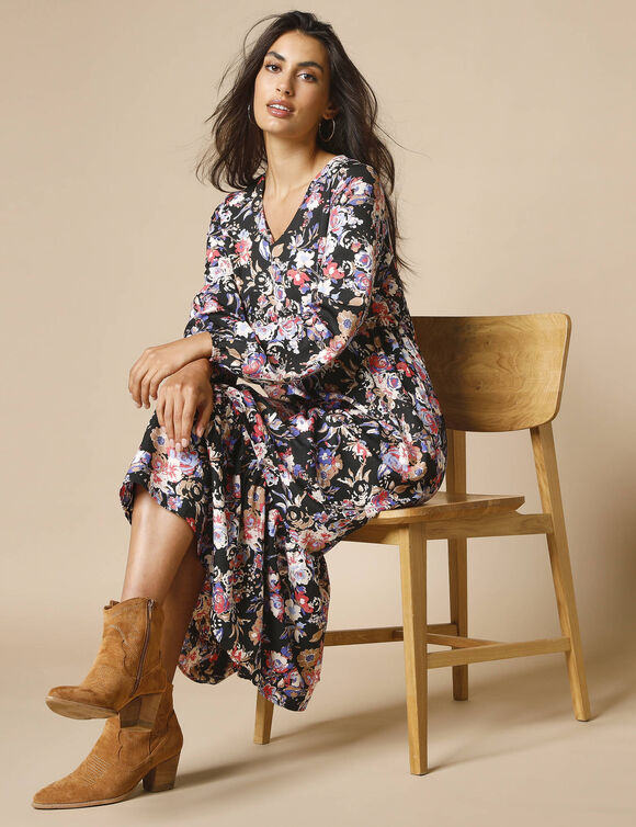 Robe longue imprimé fleurs, crêpe (noir / multicolore)