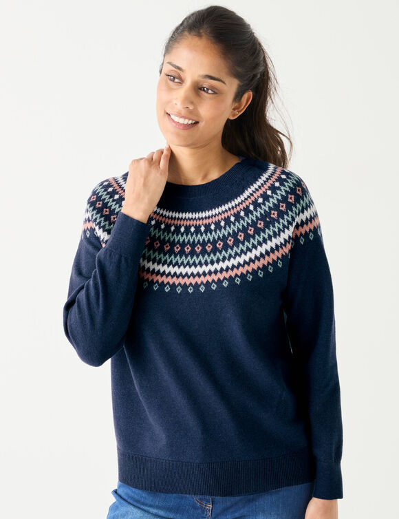 Pull jacquard, laine d'agneau (marine / rose)
