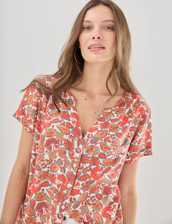 Chemisier imprim&eacute; ethnique, manches courtes (&eacute;cru / rose)