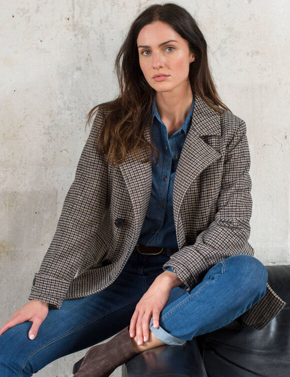 Manteau caban boutonn&eacute; &agrave; carreaux (beige / gris)