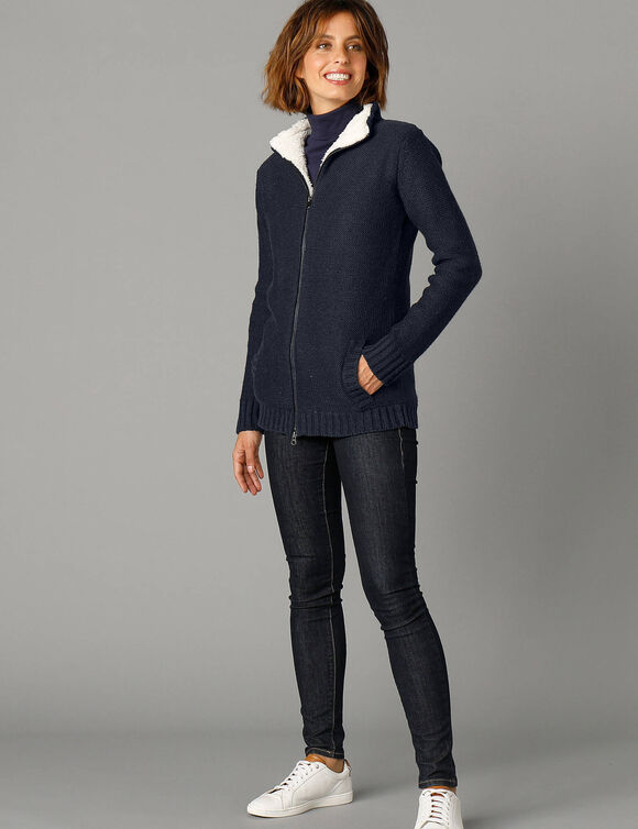 Gilet zippé 30% laine fourré "maille peluche" (marine)