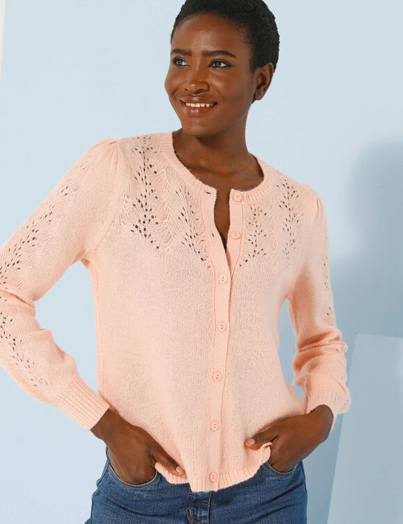 Cardigan col rond, maille ajourée (rose pâle)