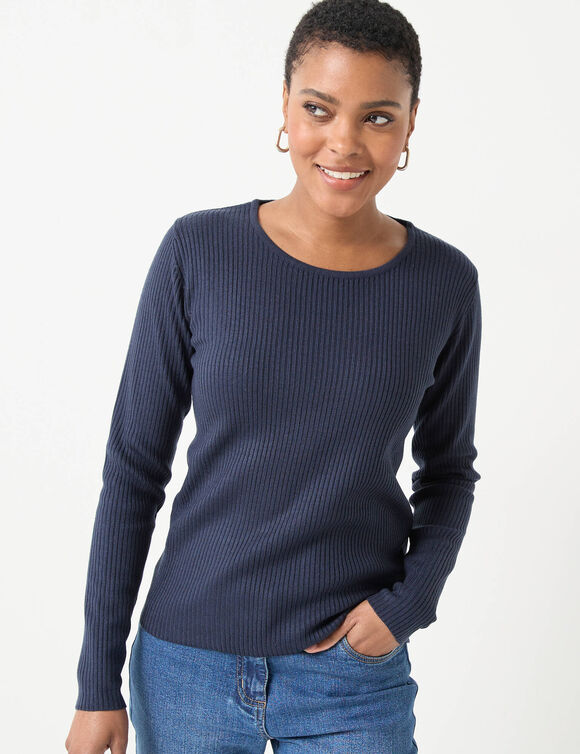 Pull col rond manches longues maille côtelée (marine)
