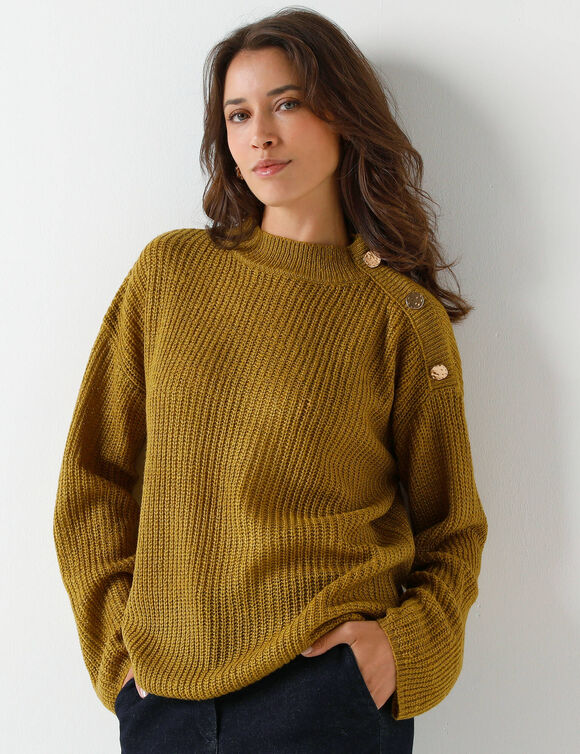 Loose trui, lange en ruime mouwen, patenttricot (bronskleur)
