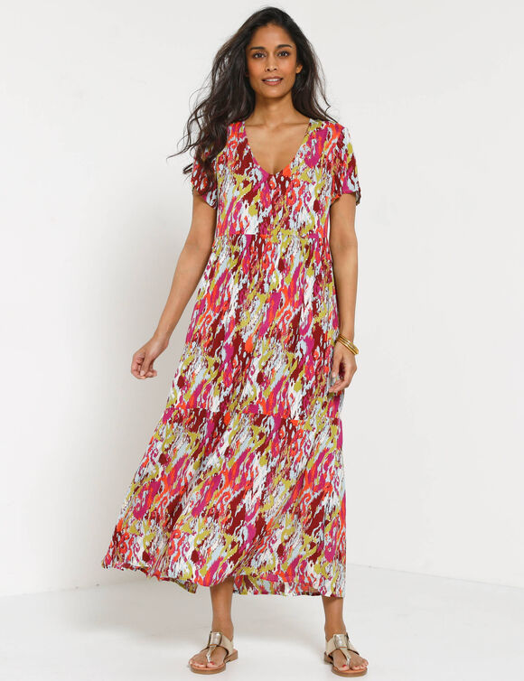 Robe col V longue imprim&eacute;e, cr&eacute;pon (vert mousse / violine)