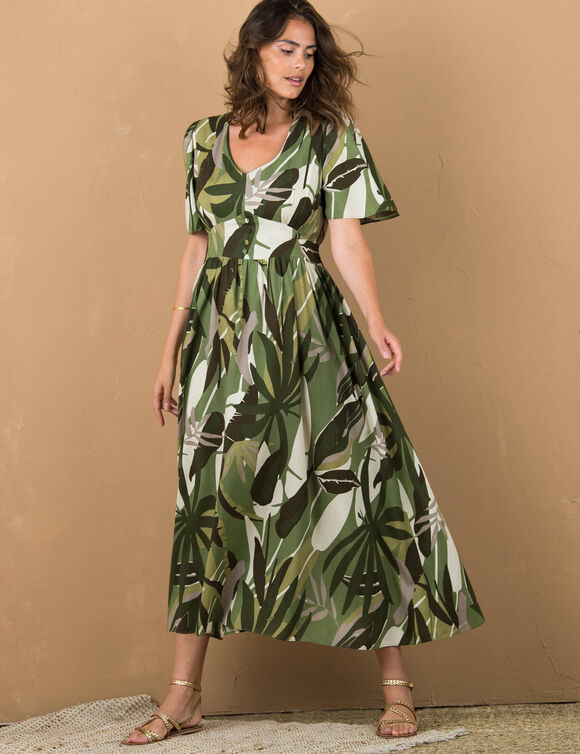 Robe longue imprimée, ceinture smockée dos (kaki / écru)