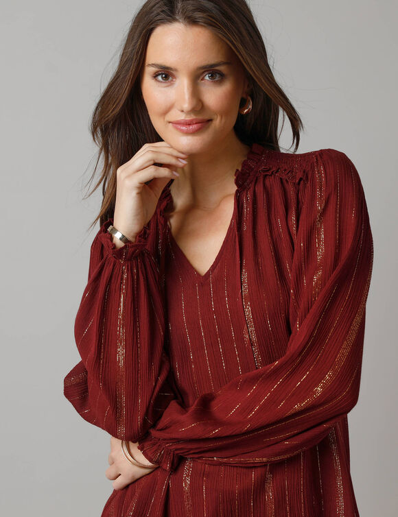 Blouse smockée en crépon, fils brillants (bordeaux)