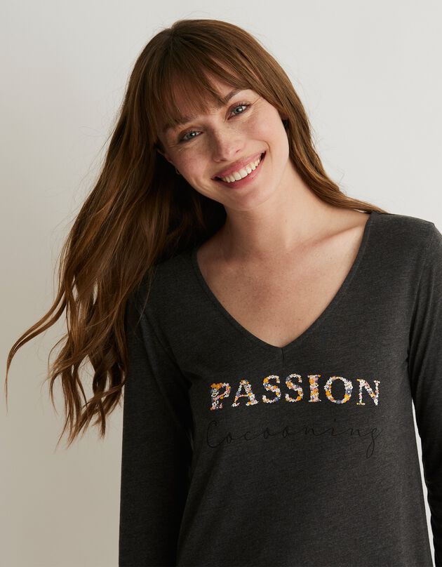 Tee-shirt pyjama manches longues imprimé "passion cocooning" (gris anthracite chiné)