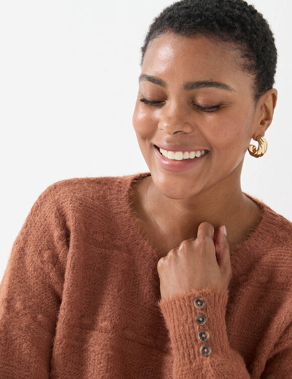 Pull col rond, maille poilue fantaisie (caramel)