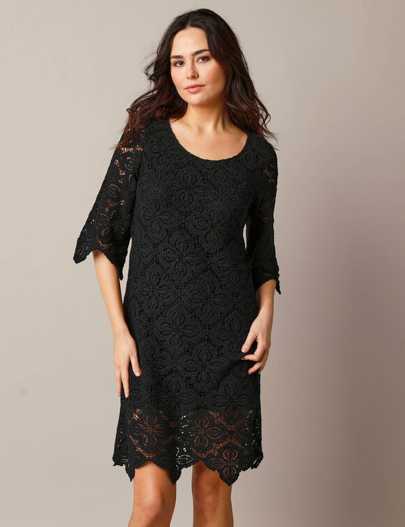Robe courte macramé, manches 3/4 (noir)
