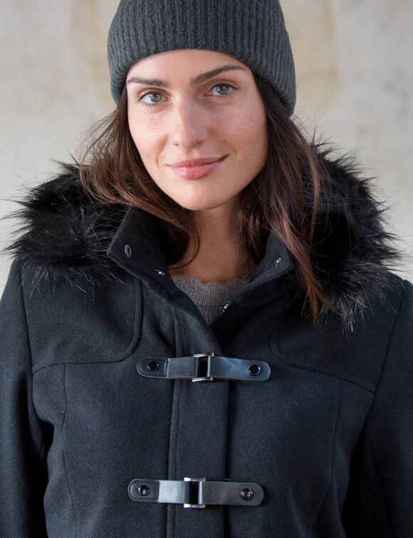 Duffle-coat capuche fausse fourrure uni (noir)