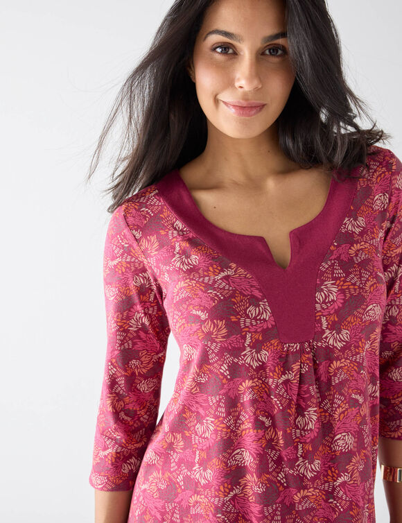 Tunique col V imprimée, manches 3/4 (prune / rose)