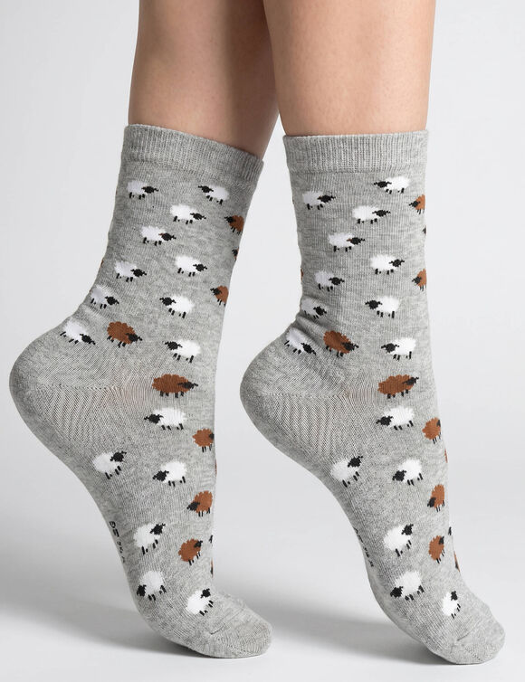 Chaussettes fantaisie motifs &laquo; moutons &raquo; - lot de 3 paires (gris chin&eacute;)