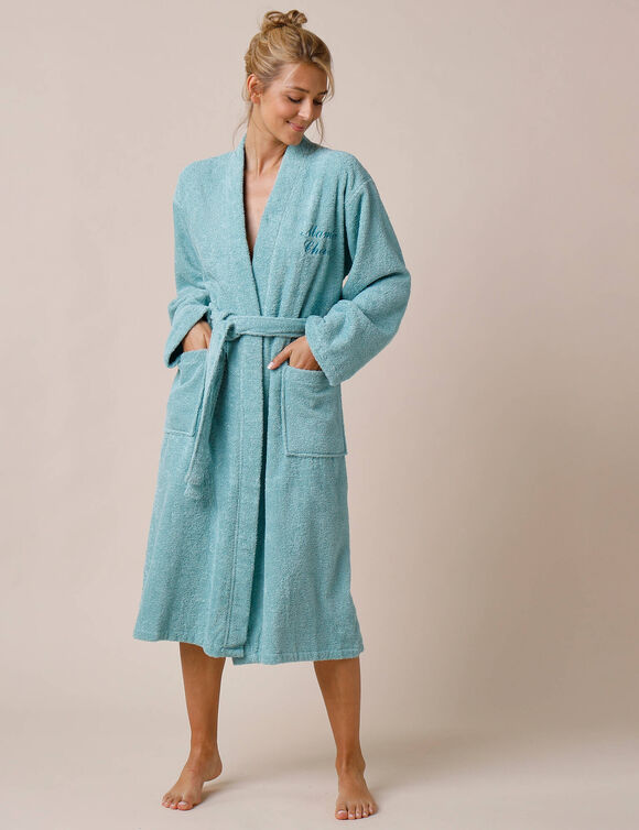 Effen badjas voor volwassenen met kimono-kraag, gepersonaliseerd &ndash; lusjesbadstof 380 g/m&sup2; (watergroen)