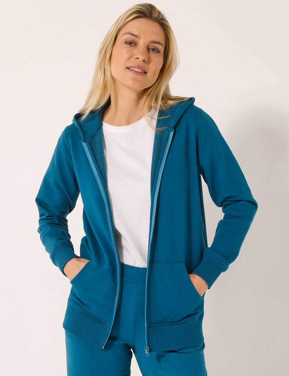 Veste zippée à capuche, molleton gratté (bleu pétrole)
