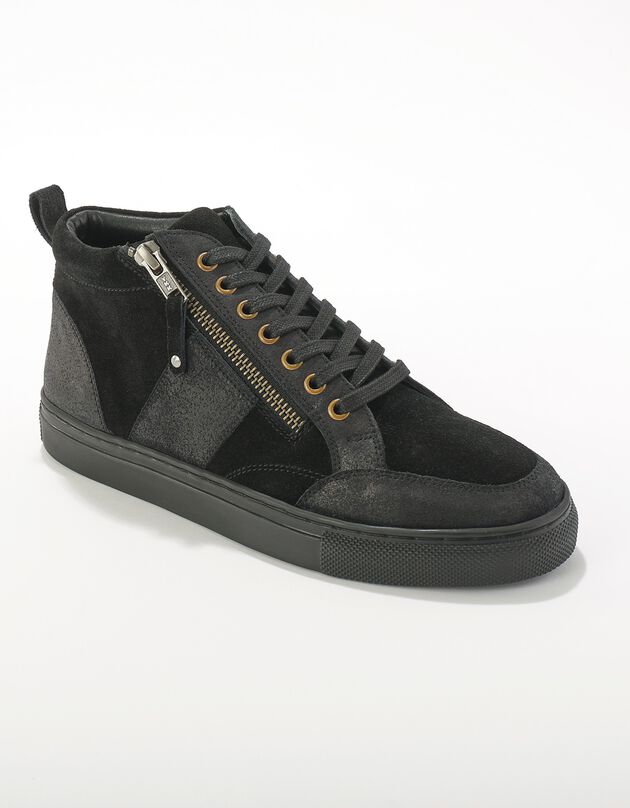 Baskets montantes zippées en cuir et croûte de cuir  (noir)
