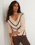 Pull col V rayé, maille anglaise toucher doux (beige / chocolat)